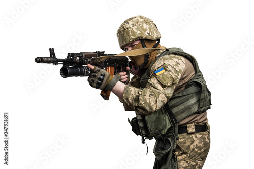 Ukraine officer in mechanized infantry uniform isolated with clipping path on white background. (Flag and arms of Ukraine on the shoulder. Patch on the chest with the inscription Ukraine in Ukrainian)