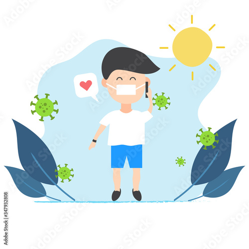 Cute cartoon of the man is wearing the mask and talking on the phone with his girlfriend during the coronavirus is around him at the outdoor with the sun and leaves and heart sign in bubble text.