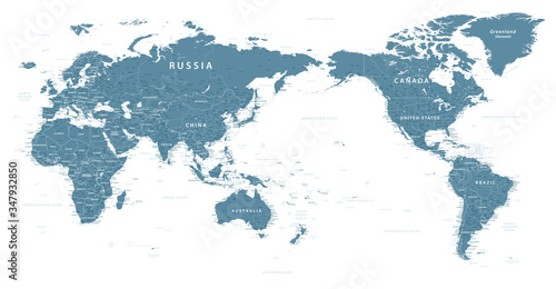 Fototapeta Naklejka Na Ścianę i Meble -  World Map - Pacific China Asia Centered View - Grayscale Color Political - Vector Layered Detailed Illustration