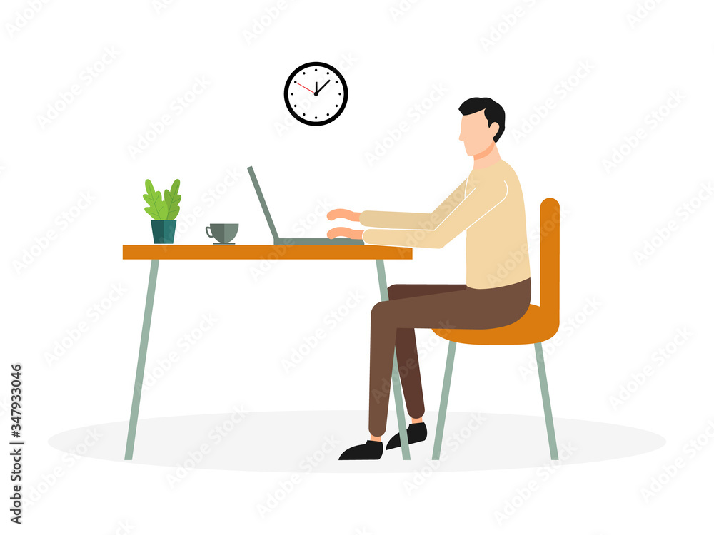 Work at home, coworking space. Young man freelancer working on laptop at home in quarantine. Vector flat illustration isolated on white.