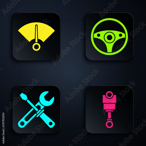 Set Engine piston, Speedometer, Screwdriver and wrench tools and Steering wheel. Black square button