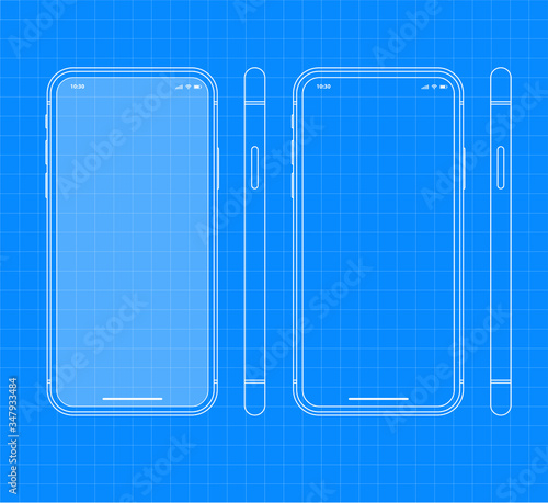 iPhone Blueprint Smartphone Outline Vector Template for Creating Mobile App similar to Huawei, Samsung Google Pixel on Blue Background