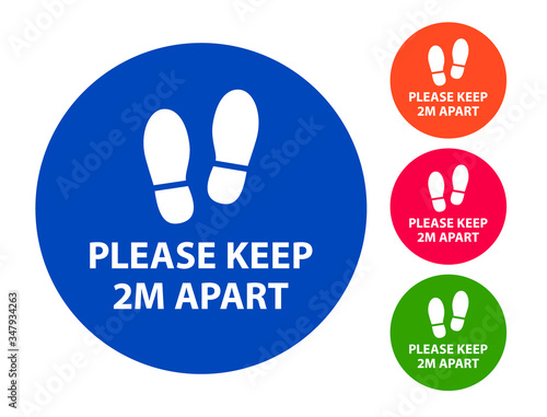 Please keep 2m apart, Coronavirus Social distancing signs of different colours, maintain social distancing vector labels