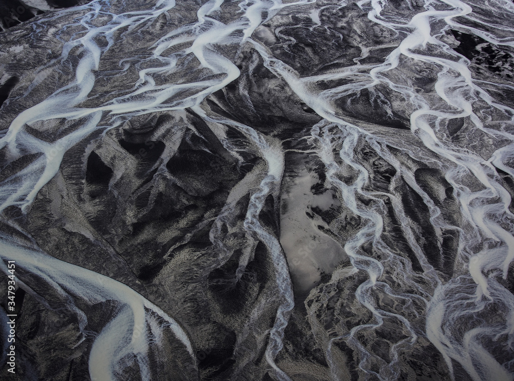 Aerial shot of meandering glacier rivers in south Iceland Aerial shot of meandering glacier rivers in south Iceland