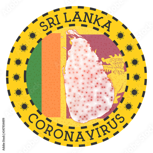 Coronavirus in Sri Lanka sign. Round badge with shape of Sri Lanka. Yellow country lockdown emblem with title and virus signs. Vector illustration.