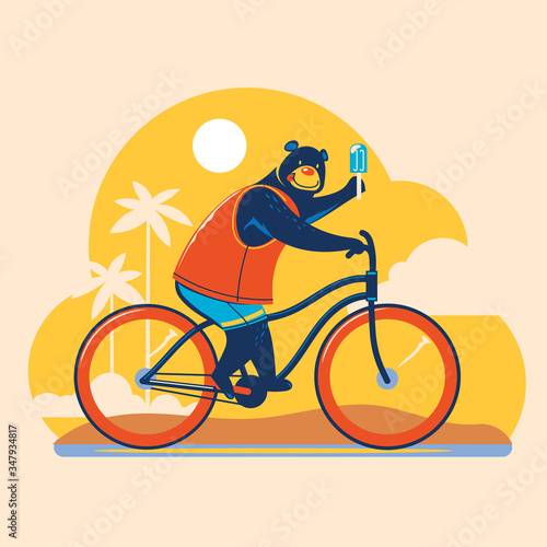 Summer animal illustration. Bear cycling touring explore the beach