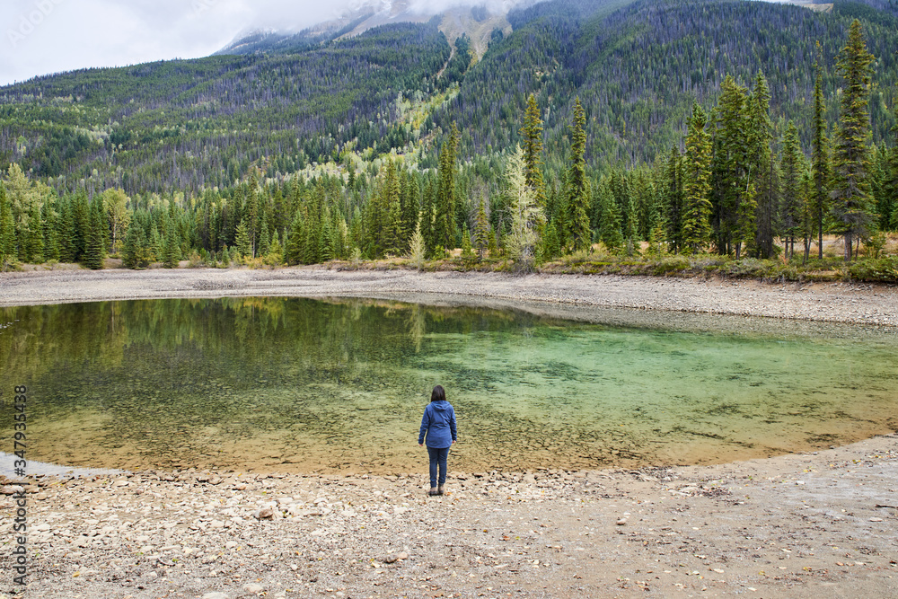 Rear view of woman looking at view while standing at Banff National Park Rear view of woman looking at view while standing at Banff National Park
