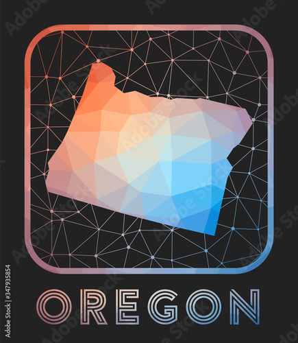 Oregon map design. Vector low poly map of the us state. Oregon icon in geometric style. The us state shape with polygnal gradient and mesh on dark background.