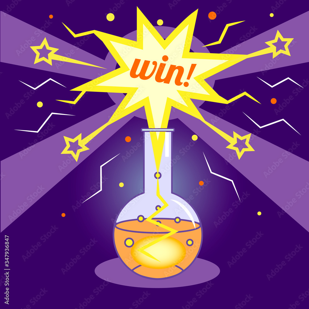 Vector image of the greeting of the winner; picture of a glass flask with an explosion; fireworks in honor of the winner; success and achievement in scientific experiments. Vector image of the greeting of the winner; picture of a glass flask with an explosion; fireworks in honor of the winner; success and achievement in scientific experiments.