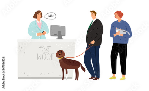 Veterinary hospital. Queue pet owners with dogs and cats. Animals medicine vector illustration