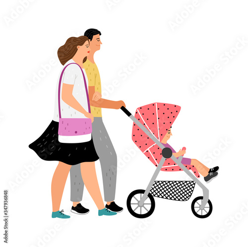 Walking with baby stroller. Cute family and son. Isolated flat mother father and baby vector character
