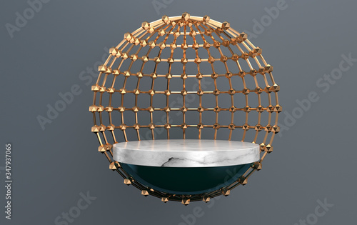 Marble cylinder pedestal inside the cage, abstract geometric shape group set, grey studio background, round gold cage, 3d rendering, scene with geometrical forms, fashion minimalistic scene, simple