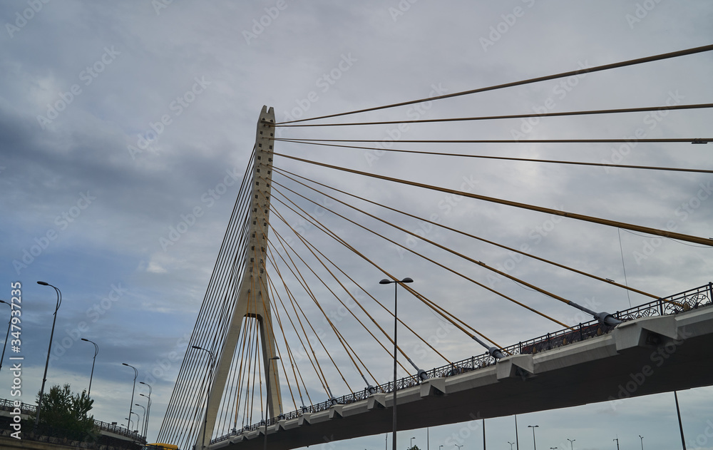 Fototapeta premium Bridge construction, bottom view. Cable stayed bridge construction