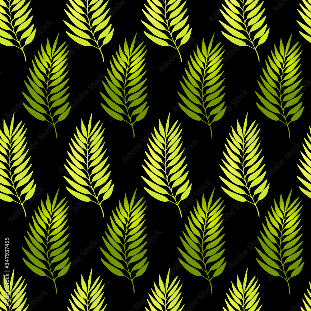 Floral seamless pattern with colorful exotic leaves on black background. Tropic green branches. Fashion vector stock illustration for wallpaper, posters, card, fabric, textile.