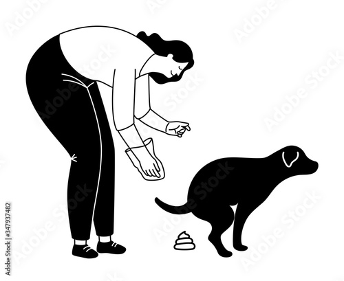 Clean after dog silhouette. Young woman clean up poo with canine bag vector illustration, pet poop wast picking pictogram