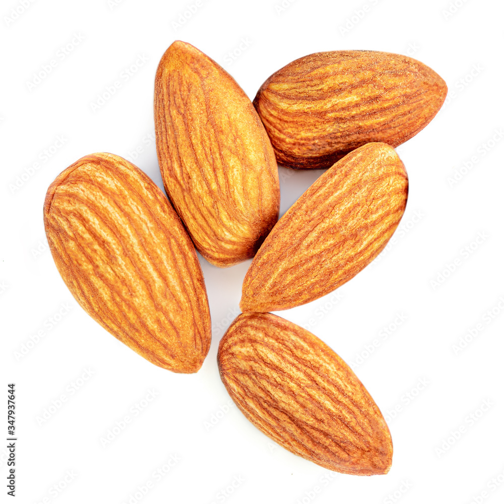 Almonds isolated. Raw Almond nuts on white background. Top view. Flat lay Almonds isolated. Raw Almond nuts on white background. Top view. Flat lay