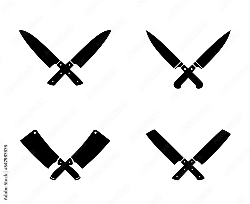 Crossed cleavers knives. Cleaver knife stamping vector illustration, chopping kitchen tools