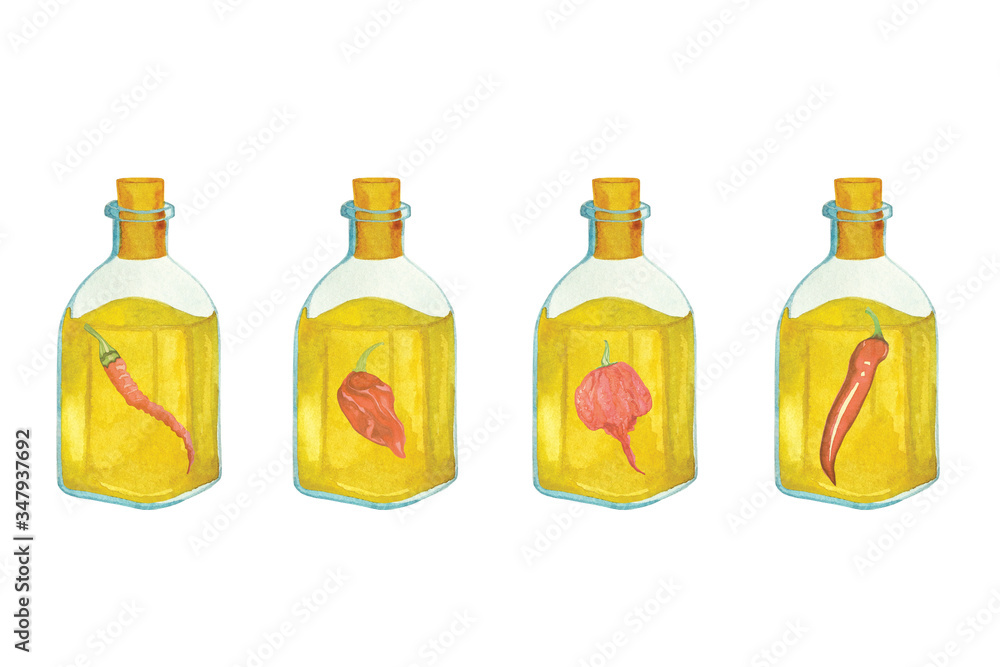 Hand drawn watercolor set of hot pepper oils on a white background. Oil with kaen pepper, chili pepper, with habanero, Carolina Reaper.
Hand drawn watercolor set of hot pepper oils on a white background. Oil with kaen pepper, chili pepper, with habanero, Carolina Reaper.