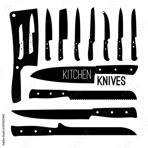 Butcher knives silhouettes. Butchers chef vector knife silhouette set isolated on white, beef prepared metal utensil types, cooking kitchen steel black icons