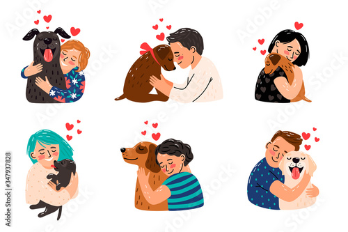 Kids petting dogs. Children hugging dog pets vector illustration, happy girls and smiling boys with puppies image, domestic licking animals and playing owners best friends