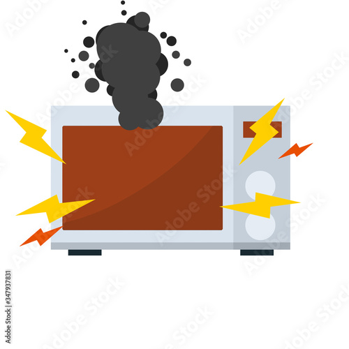 Microwave's on fire. Repair and breakdown of device. trouble cooking. Dangerous fire situation. Cartoon flat illustration. Flames in kitchen. Problem with household appliances