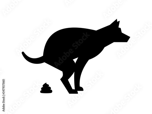 Poop dog silhouette. Dog pooping vector sign for warning symbol, black dogs poo pictogram isolated on white background