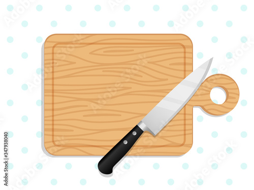 Chef knife on chopping board. Wooden cutting boards vector illustration, kitchen wood chopped place for bread, vegetables or fruits meal preparation top view