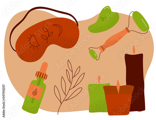 Wellness essentials vector set. Taking care of yourself while staying home. Sleeping mask, facial roller, gua sha stone, face oil, leaf, candles.