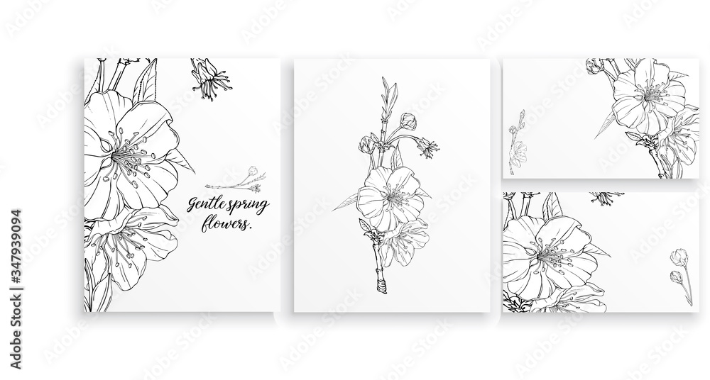 Obraz premium Flower vector vertical vintage invitation. Set. Black and white flowers.