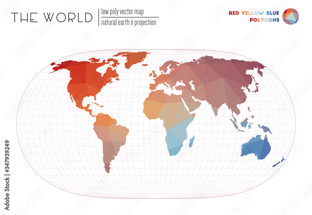 Low poly design of the world. Natural Earth II projection of the world. Red, yellow, blue colored polygons. Contemporary vector illustration. Low poly design of the world. Natural Earth II projection of the world. Red, yellow, blue colored polygons. Contemporary vector illustration.