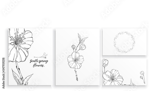 Flower vector vertical vintage invitation. Set. Black and white flowers.