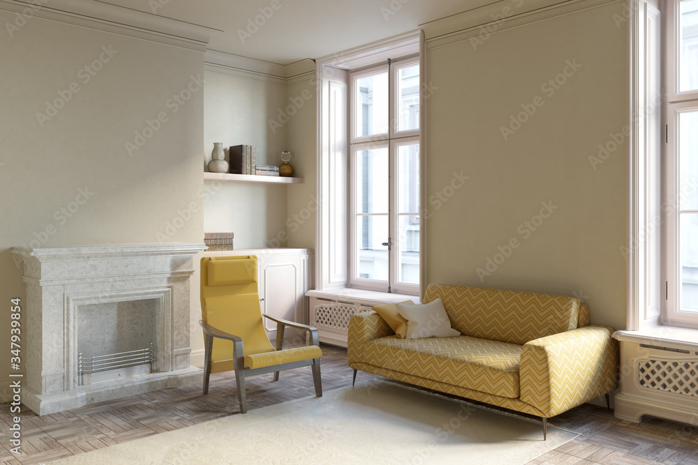 Bright modern classic living room with a cozy yellow sofa between large windows, an armchair near the fireplace, and a bookshelf. 3d render Bright modern classic living room with a cozy yellow sofa between large windows, an armchair near the fireplace, and a bookshelf. 3d render