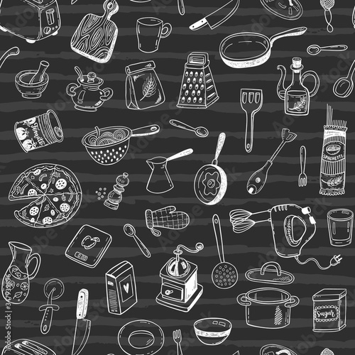 Seamless vector pattern with hand drawn sketch kitchen tools on a blackboard background