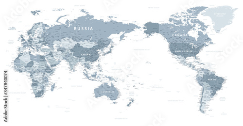 World Map - Pacific China Asia Centered View - Grayscale Color Political - Vector Layered Detailed Illustration