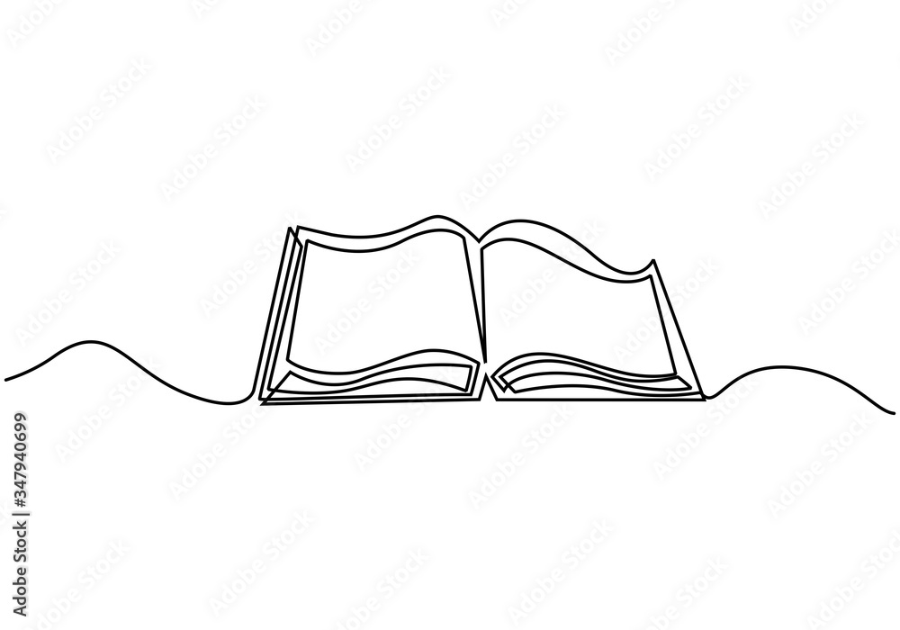 Continuous one line drawing of an open book. Vector illustration