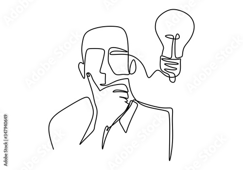 Continuous one line drawing idea and creativity symbol with lamp. The concept of thinking ideas. A person thinking and get an idea one line drawing vector isolated on white background.