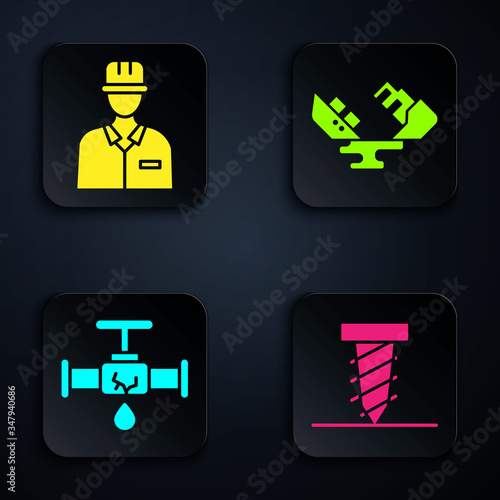 Set Rotating drill digging a hole, Oilman, Broken pipe with leaking water and Wrecked oil tanker ship. Black square button