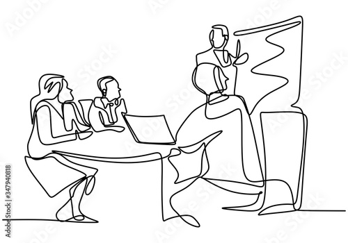 Continuous line drawing of business presentation during team meeting. Business brief, presentation or training with team in meeting room. Young man standing to explain something on screen.