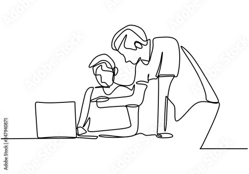 Continuous line drawing of two men discussing work task on laptop computer. Young another man teach to analyze data from database. Two persons talking each other. Vector illustration