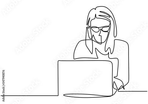 Continuous line drawing of office worker concentrated behind computer. Professional coworkers focus in front of a computer screen. Business people working on laptop computer. Vector illustration.