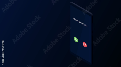 Unknown caller. Isometric vector illustration. Realistic dark smartphone. 3d model on a blue background. Phone interface with two icons accept or reject a call