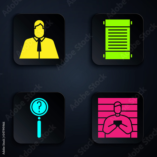 Set Suspect criminal, Lawyer, attorney, jurist, Magnifying glass with search and Decree, paper, parchment, scroll. Black square button