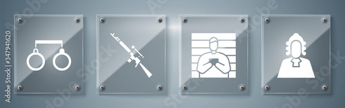 Set Judge, Suspect criminal, Sniper rifle with scope and Handcuffs. Square glass panels