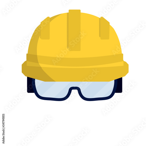 Yellow helmet worker. Safety glasses Builder. Cartoon flat illustration. Repair and engineering works. Clothing for safety of production. Industrial object