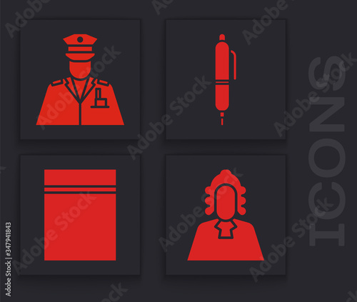 Set Judge, Police officer, Pen and Plastic bag with ziplock icon