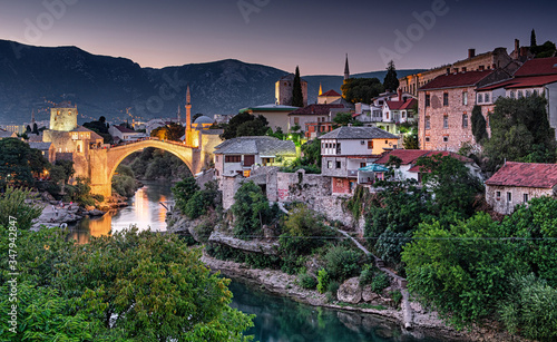 Colorful sunset over the medieval bridge of Mostar on 11 August  2019.