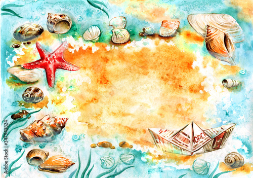 Composition of sea shells on the coast. Watercolor illustration