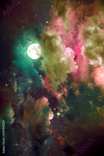 Fototapeta Naklejka Na Ścianę i Meble -  Full moon with stars at dark night sky . Abstract space background