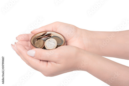 hands holding money jar, isolated on white background