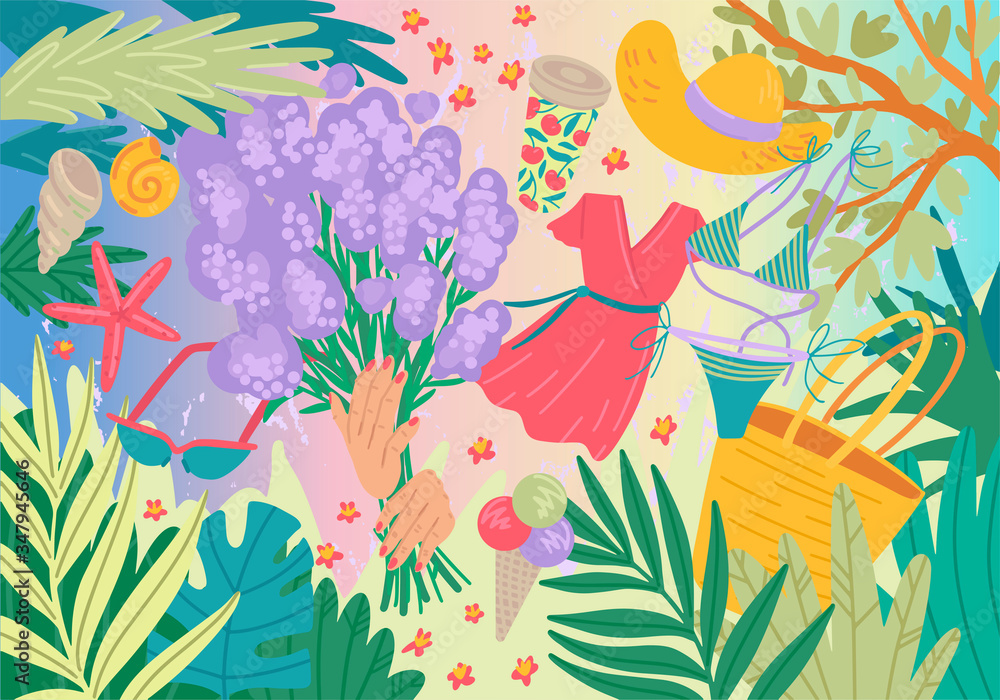 Card with women things for summer. Vacation. Vector illustration concept Card with women things for summer. Vacation. Vector illustration concept